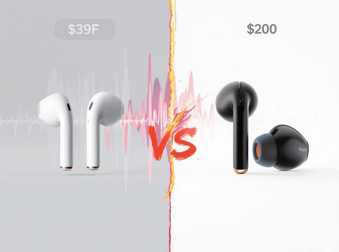 Budget earbuds vs expensive earbuds side by side comparison with price tags