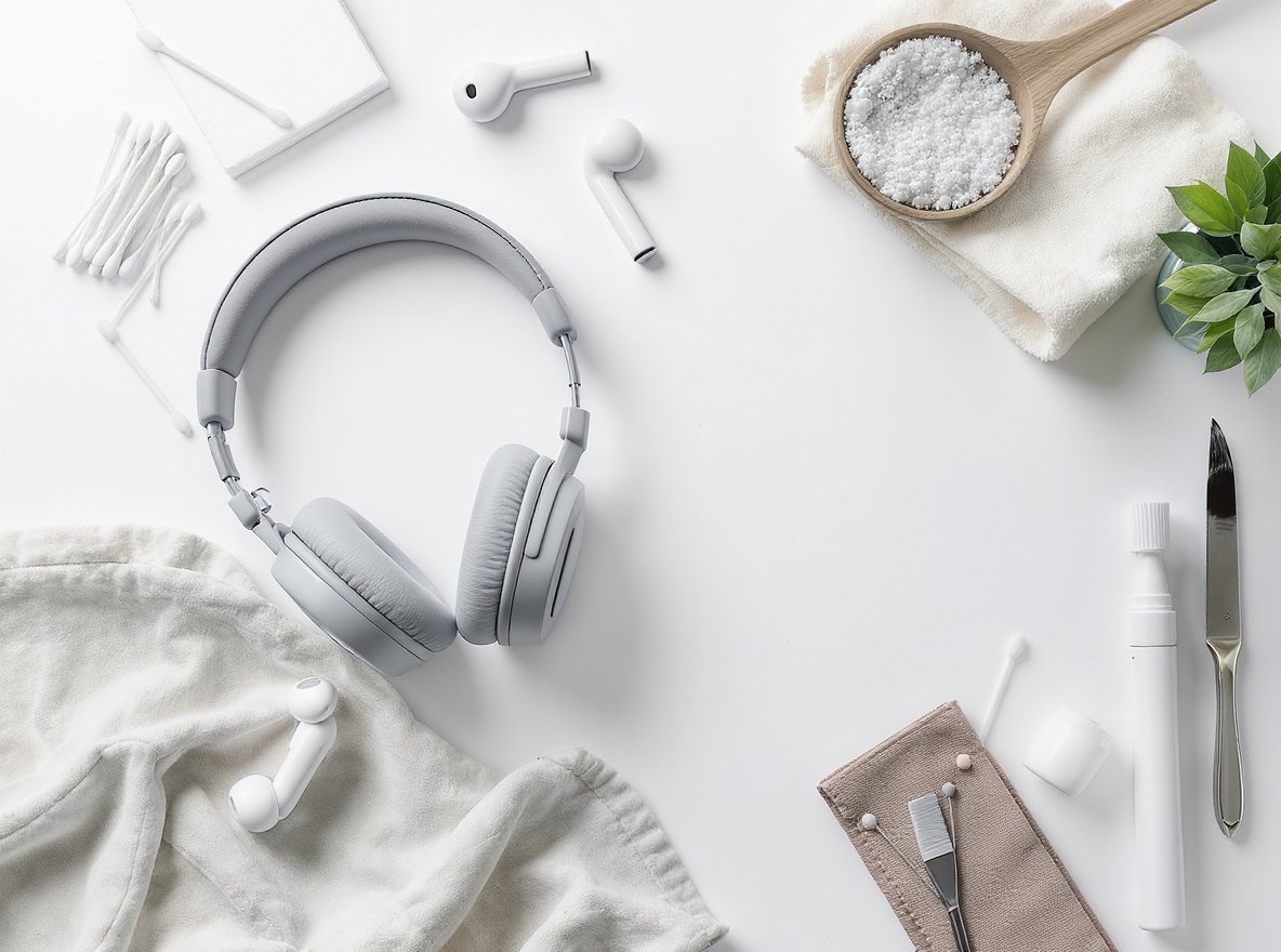 Professional headphone and earbud cleaning supplies arranged on clean white surface