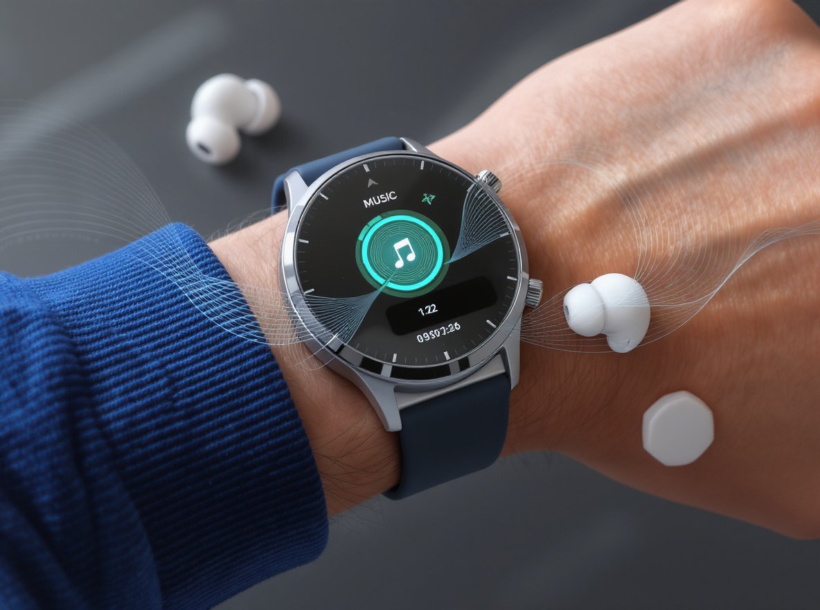Modern smartwatch with music interface and wireless earbuds for standalone music playback