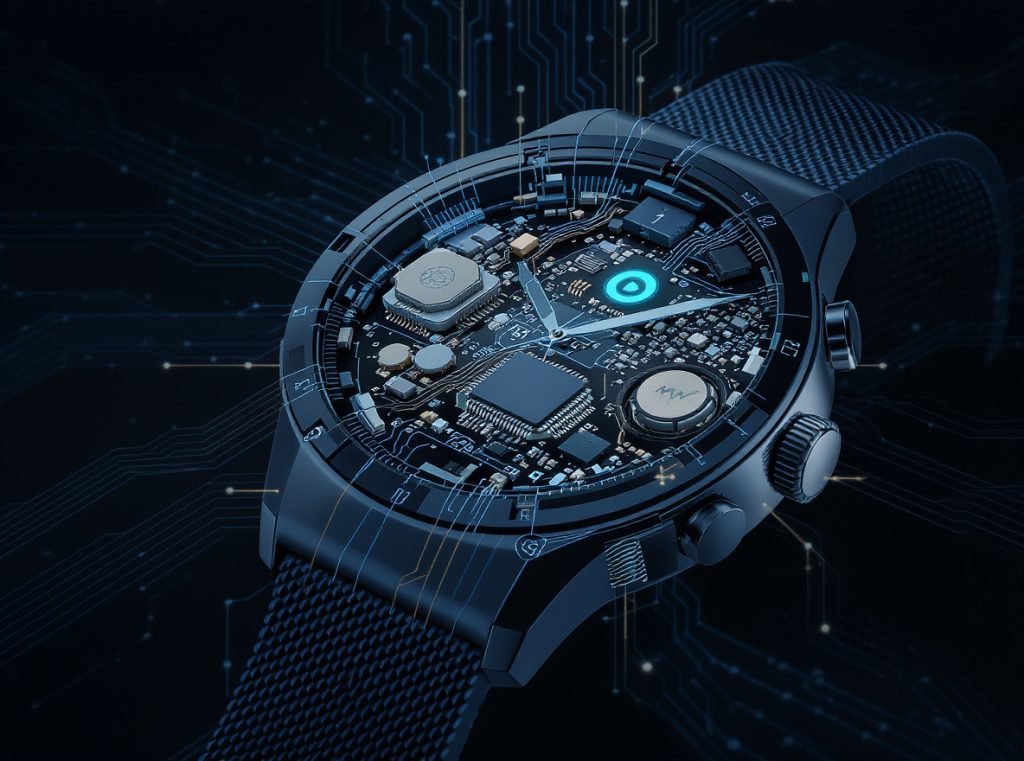 Smartwatch internal components showing music playback technology and storage systems