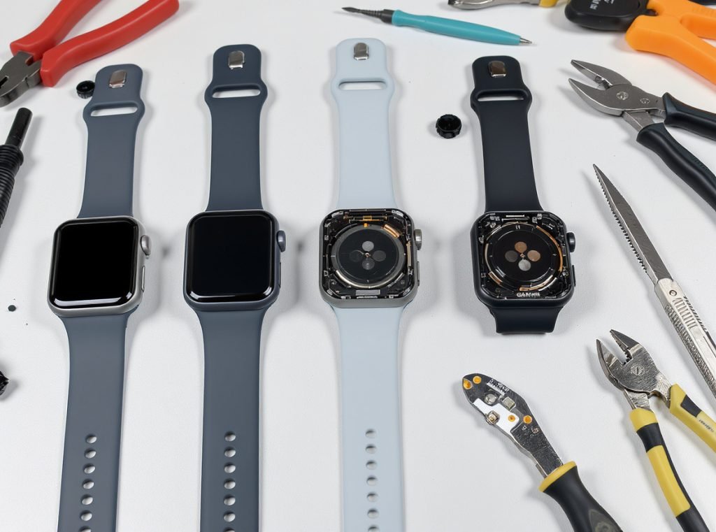 Different smartwatch models showing battery replacement compatibility and accessibility