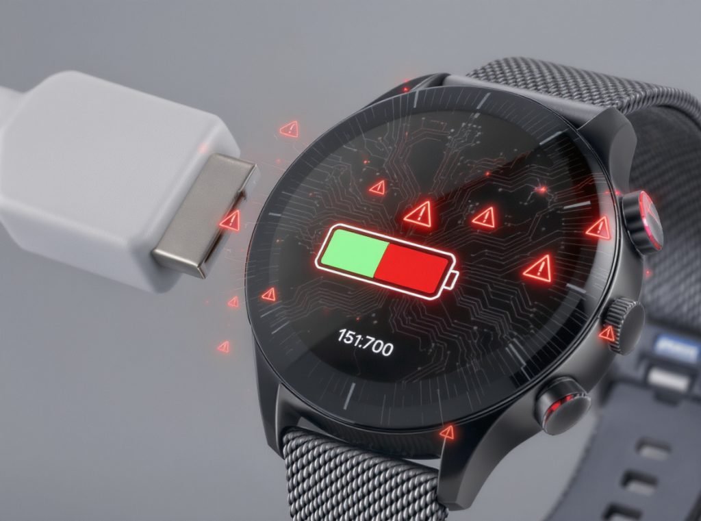 Smartwatch battery drain issues with low battery warning and power consumption
indicators