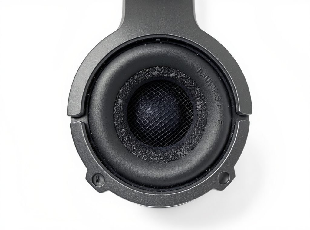 Headphone speaker mesh blocked by debris causing muffled sound