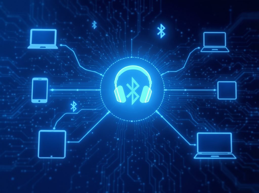 Bluetooth multipoint technology diagram showing headphones connected to multiple devices with network architecture