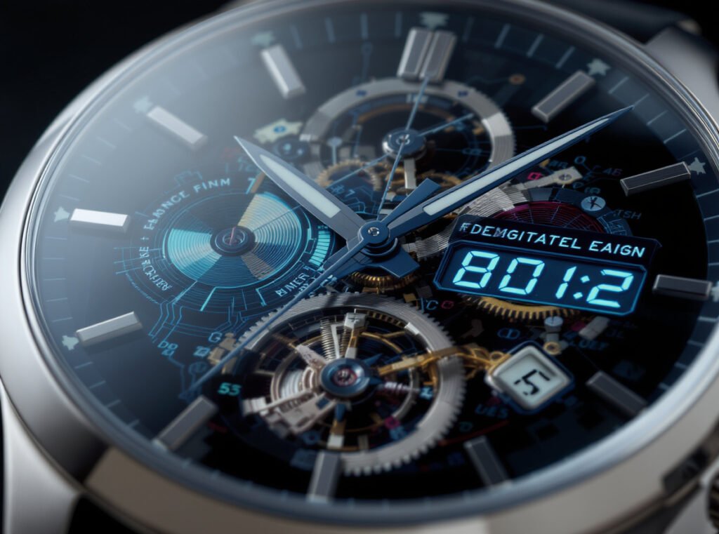 Fossil Hybrid smartwatch showing analog hands over e-ink digital display technology