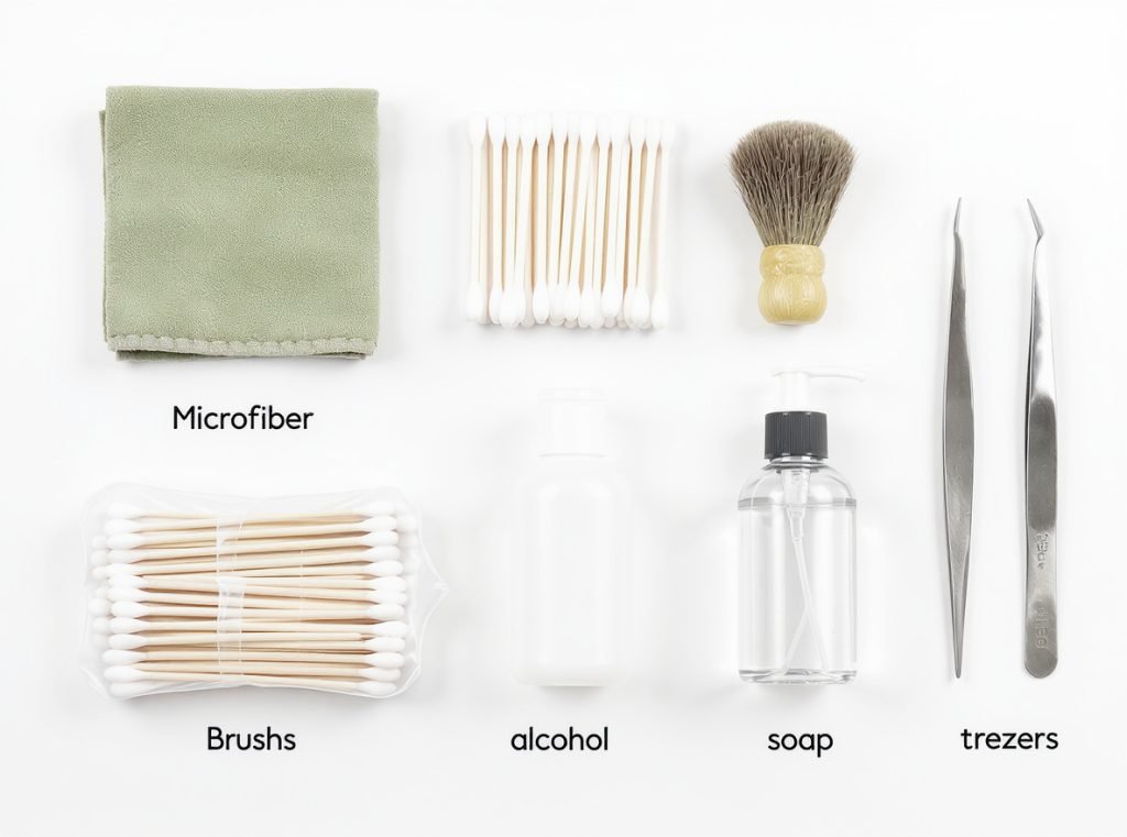 Essential headphone cleaning supplies kit with microfiber cloth cotton swabs and alcohol