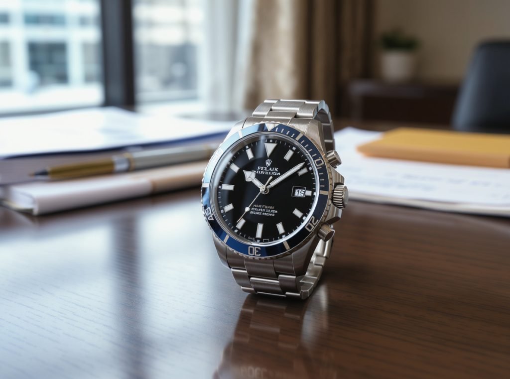 Premium titanium smartwatch band on business desk representing comfort and professional success