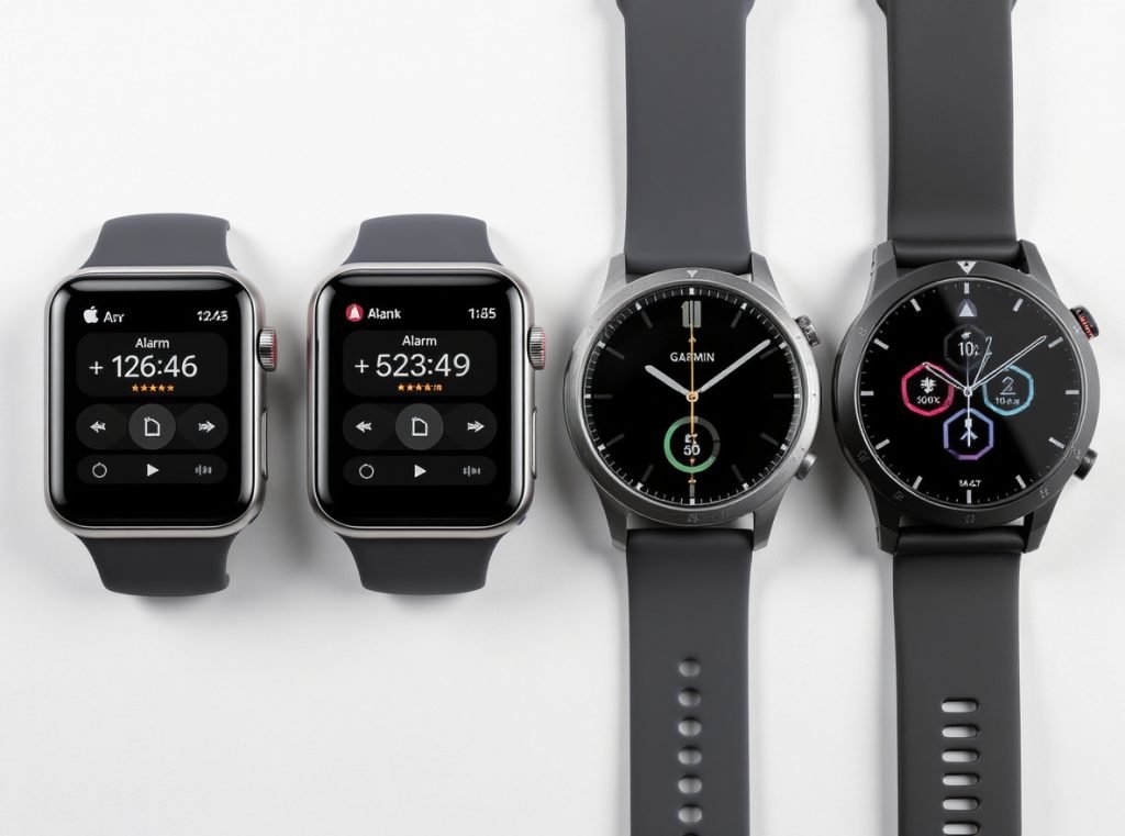 Different smartwatch brands showing alarm setup methods comparison