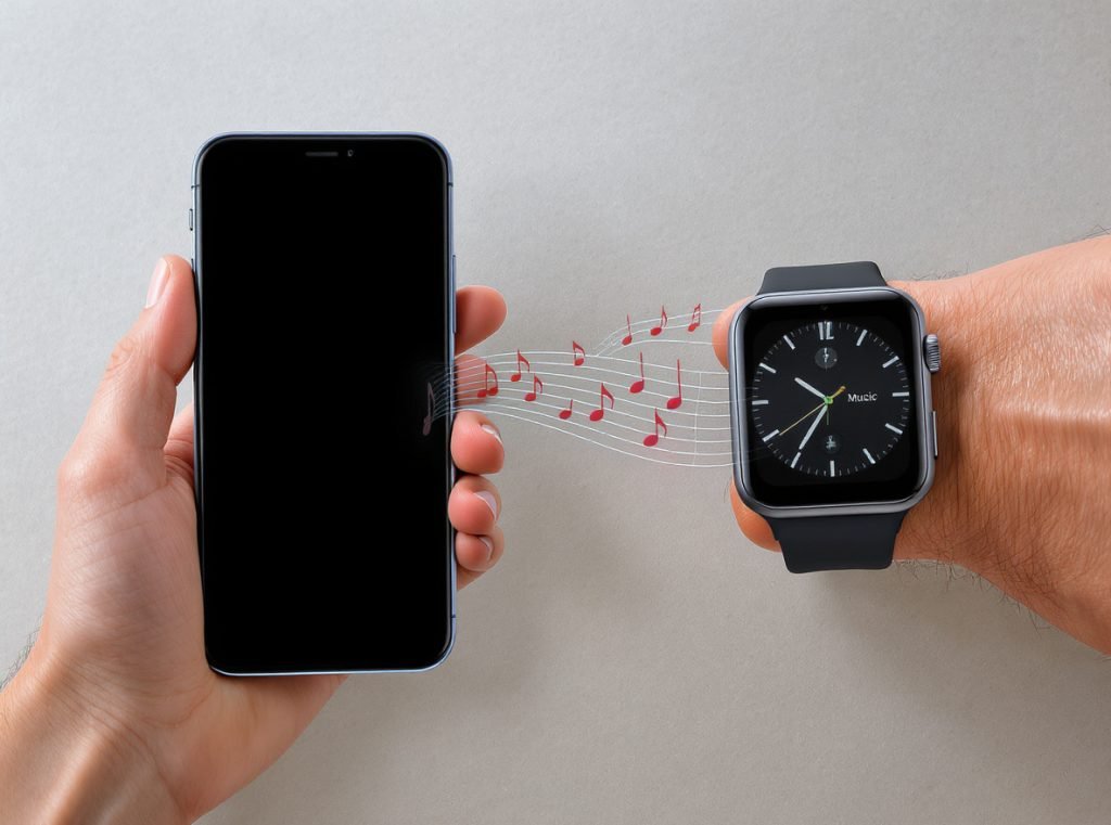 Music transfer process from smartphone to smartwatch showing sync capabilities