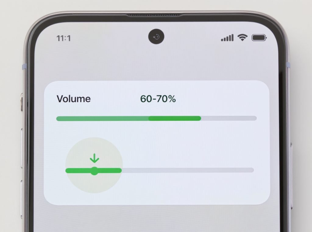 Volume control settings showing optimal 60-70% range for battery life