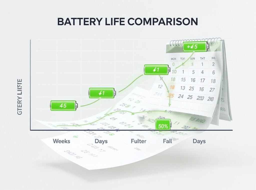 Hybrid smartwatch battery life comparison showing weeks versus days duration