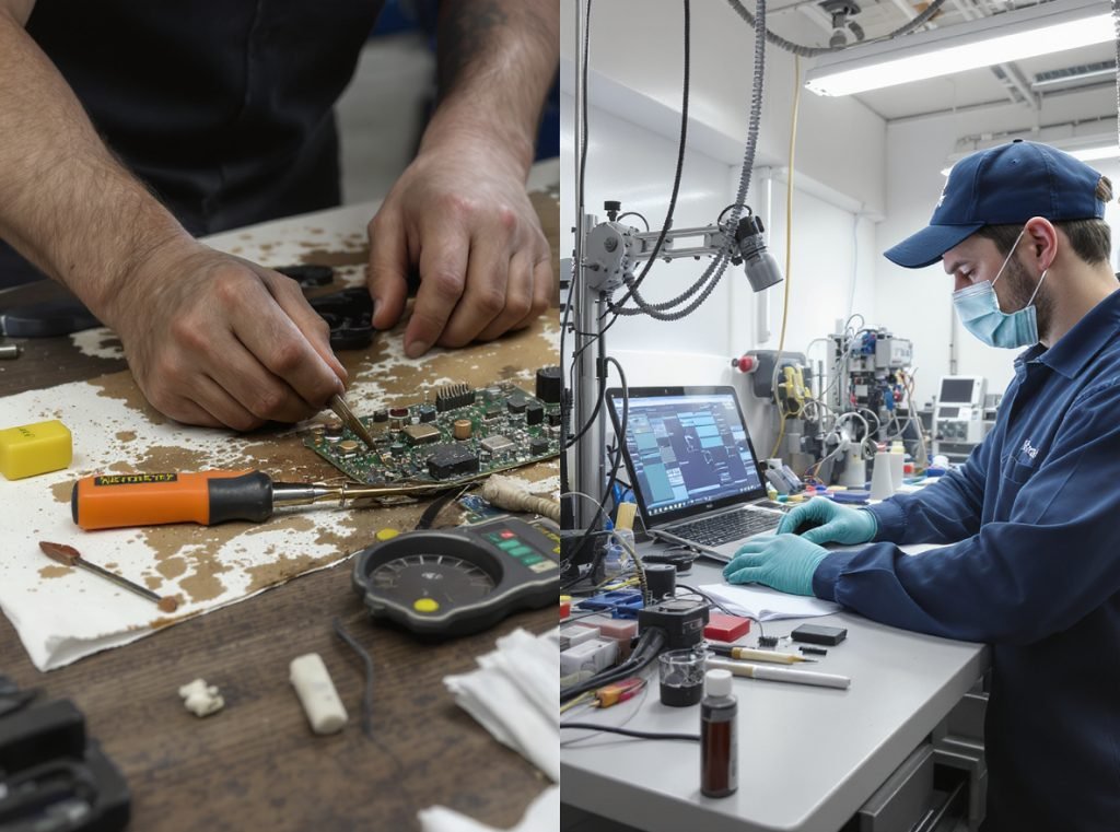 DIY versus professional smartwatch battery replacement comparison showing tools and workspace