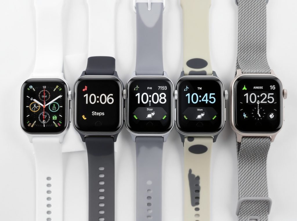 Different smartwatch brands displaying varying step count numbers