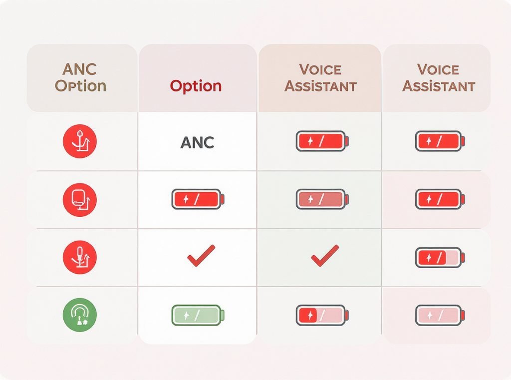 Audio features battery drain comparison chart for TWS earbuds
