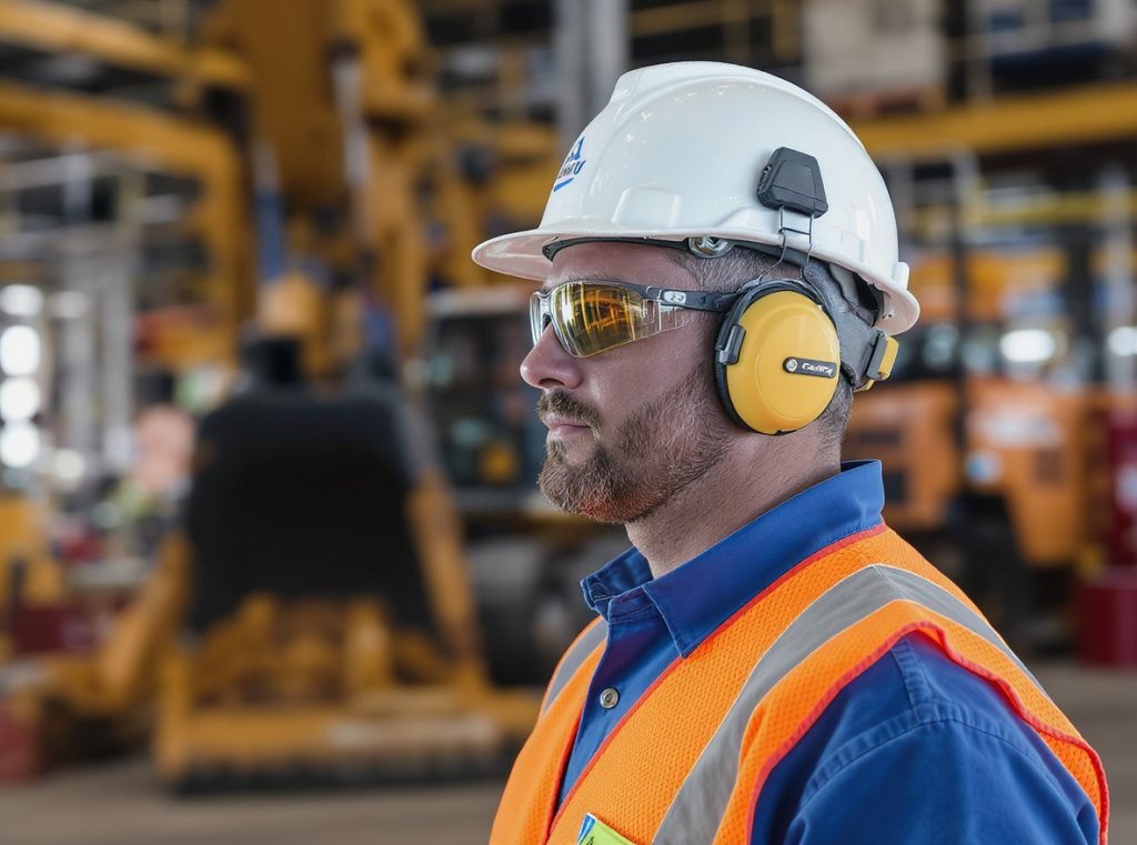 Construction worker using bone conduction headphones for workplace safety