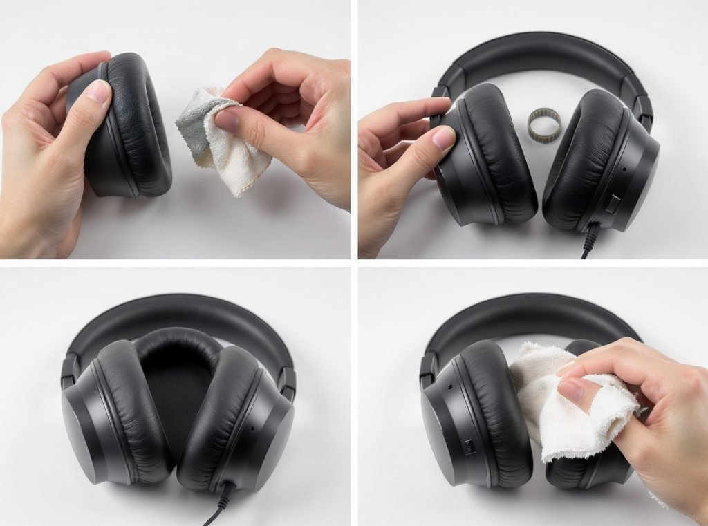 Step by step over-ear headphone cleaning process with removed ear cushions and cleaning cloth