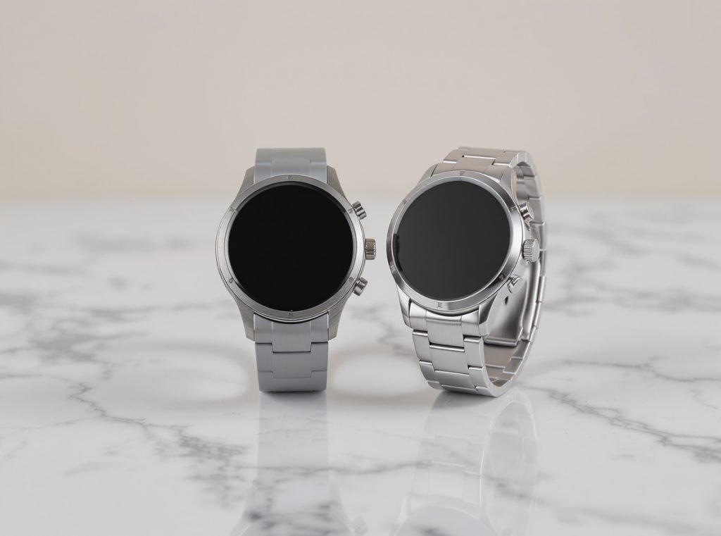 Titanium and stainless steel smartwatch bands comparison showing different metal finishes