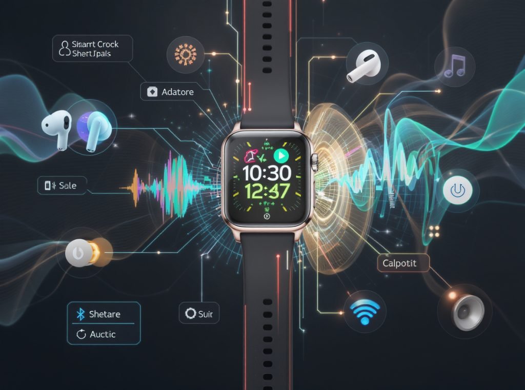 Smartwatch audio output options including Bluetooth headphones and built-in speakers