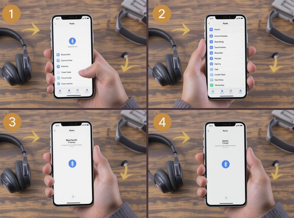 Step-by-step Bluetooth multipoint setup process showing smartphone settings and headphone pairing