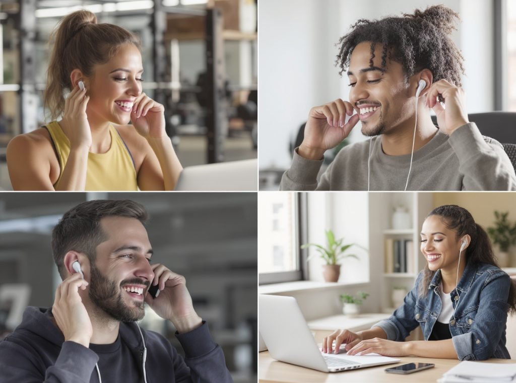 People using budget earbuds for gym office commuting and studying activities