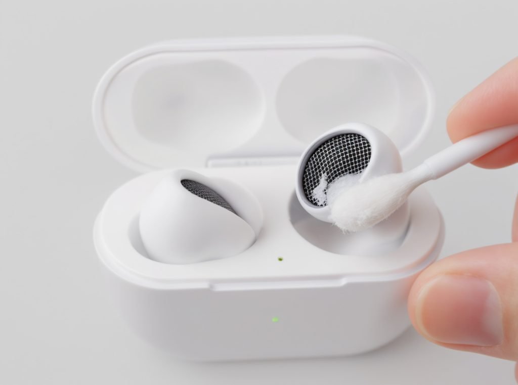 Wireless earbuds cleaning process with cotton swab removing earwax from speaker mesh