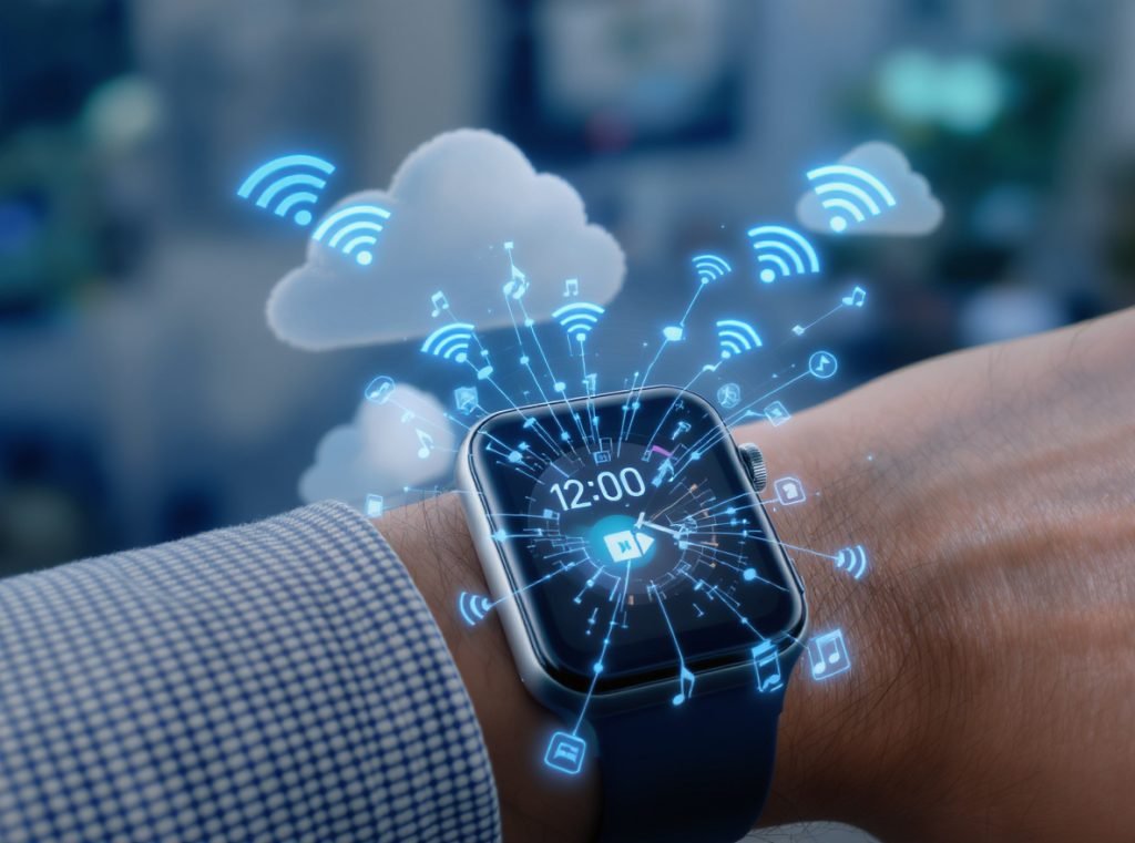 Smartwatch streaming music independently through cellular and WiFi connections