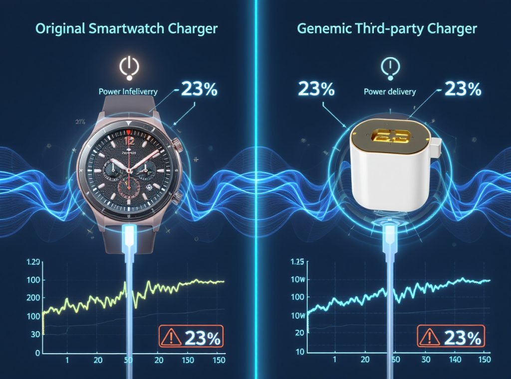 Original vs third-party smartwatch charger showing electromagnetic interference effects