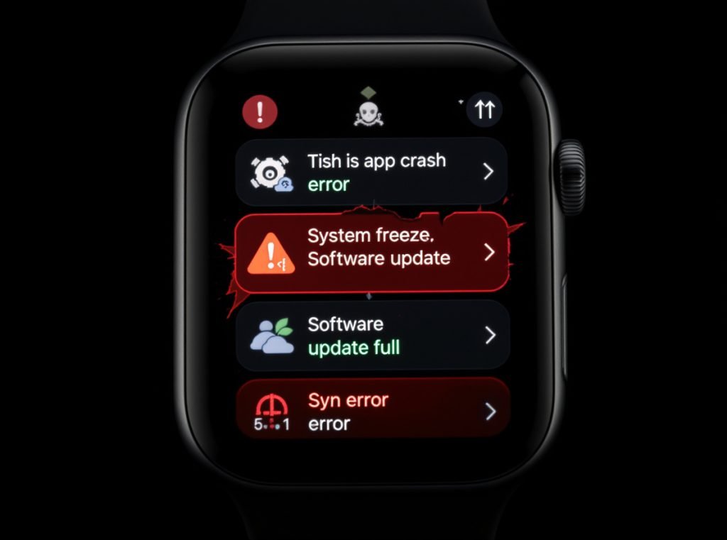 Smartwatch software problems including app crashes, system freezes, and update failures