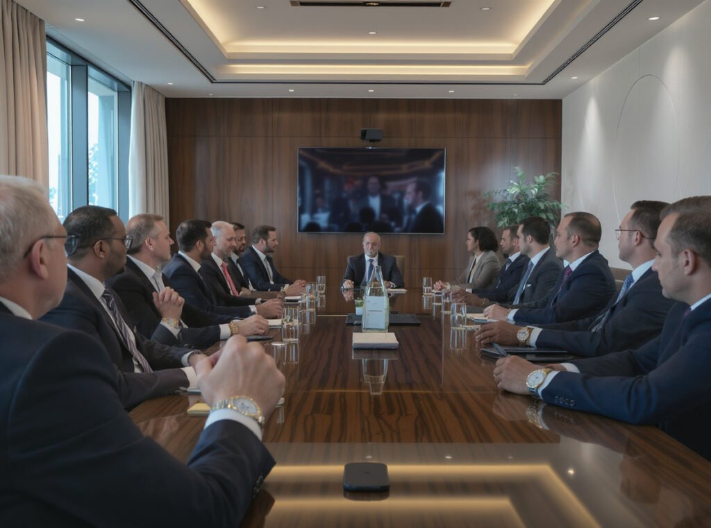 Business professionals wearing hybrid smartwatches in corporate meeting environment