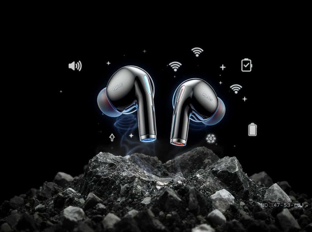 Premium earbuds showcasing advanced features like noise cancellation and wireless charging