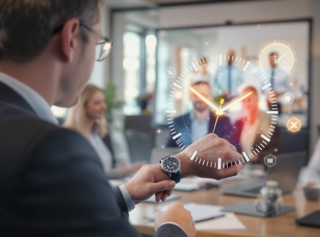 Professional using smartwatch timer for accurate business meeting timing
