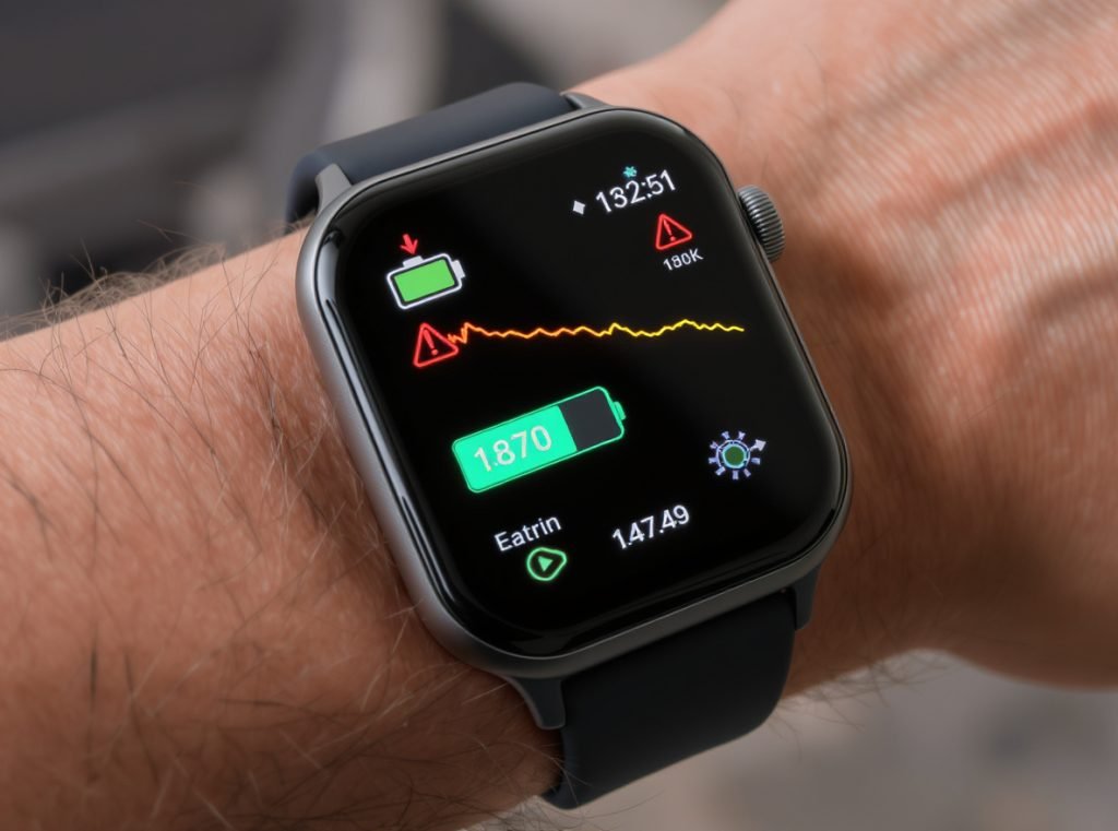 Smartwatch showing battery degradation warning signs and diagnostic information