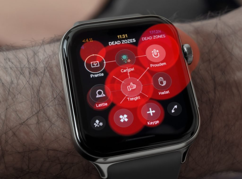 Smartwatch screen showing dead zones and unresponsive touch areas during diagnostic test