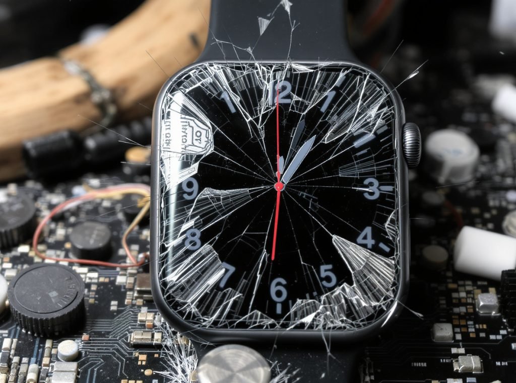 Smartwatch display problems showing cracked screen, dead pixels, and hardware failures