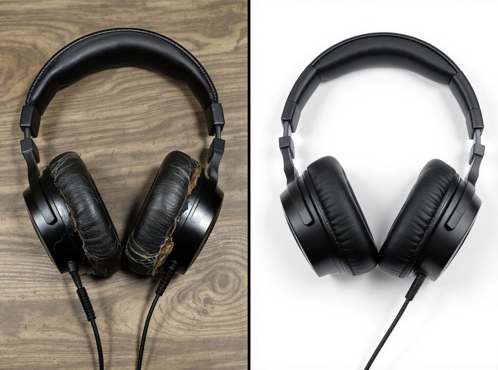 Old damaged headphones compared to new replacement headphones
