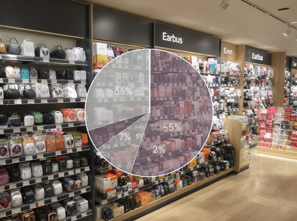 Retail store earbud inventory organized by price categories and market segments