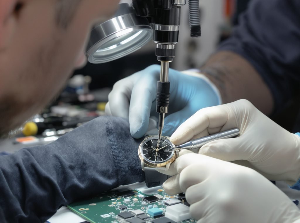 Professional technician repairing smartwatch touchscreen with specialized tools