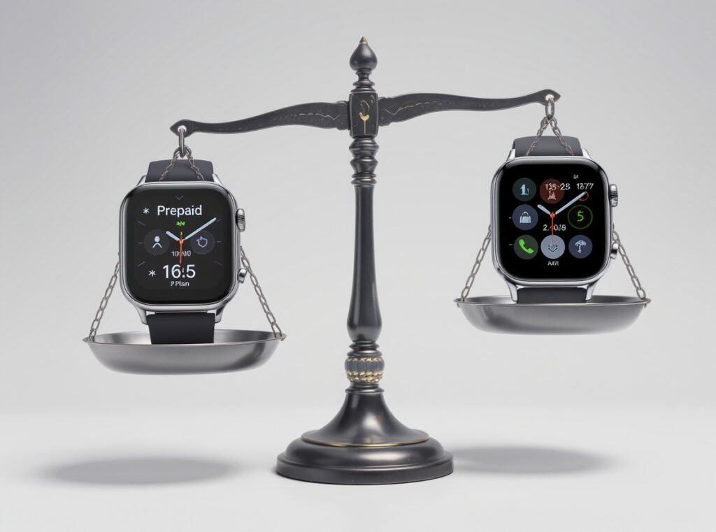 Prepaid vs postpaid smartwatch cellular plans comparison showing benefits of each