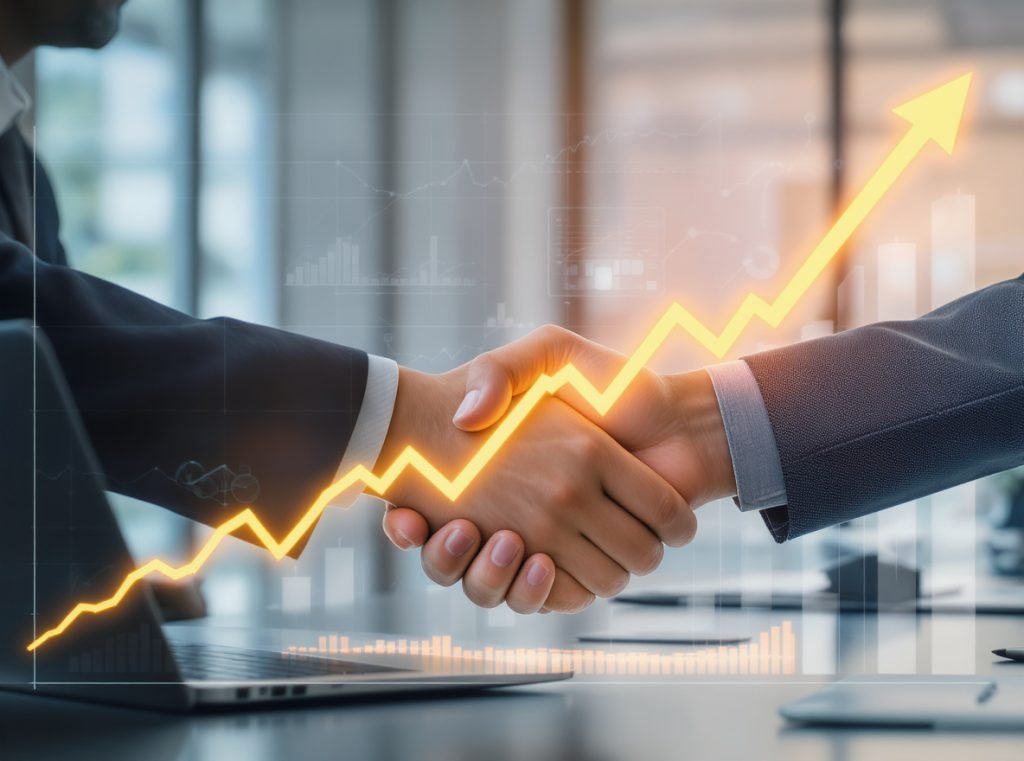 Business handshake with earbuds and growth chart showing wholesale partnership success