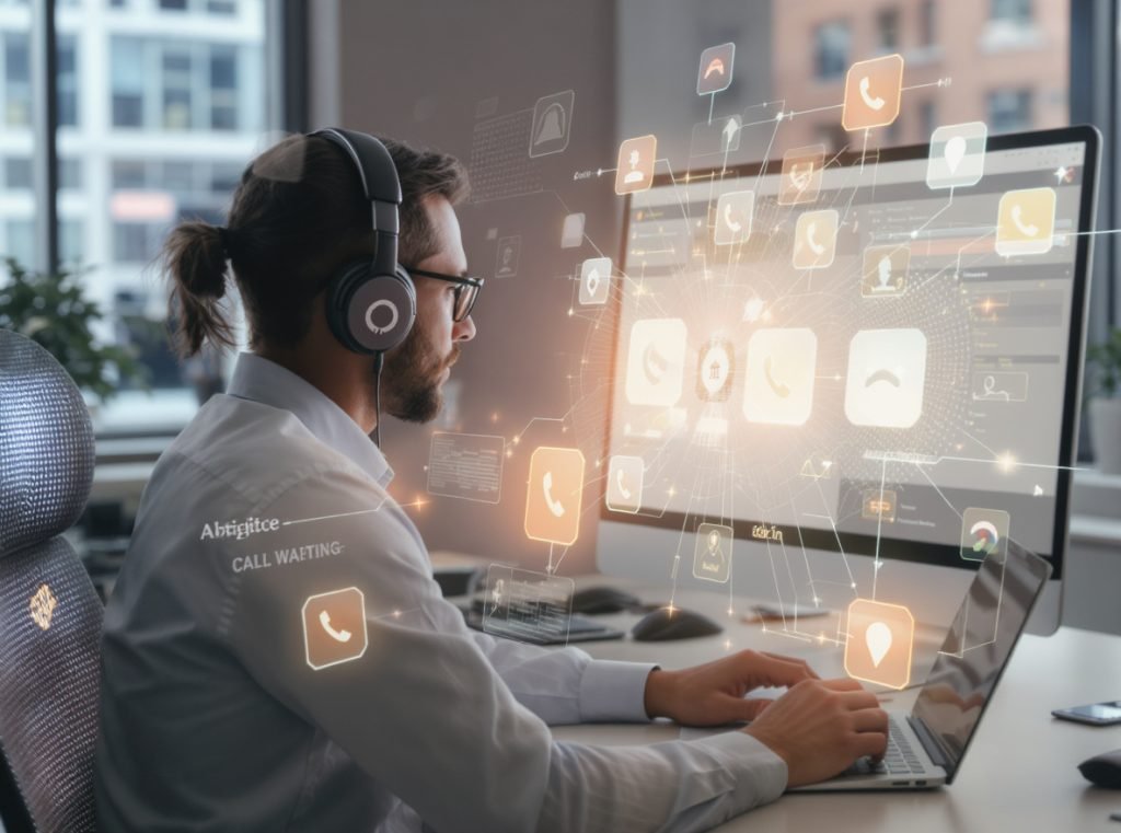 Business professional using multipoint headphones for advanced call management across multiple devices