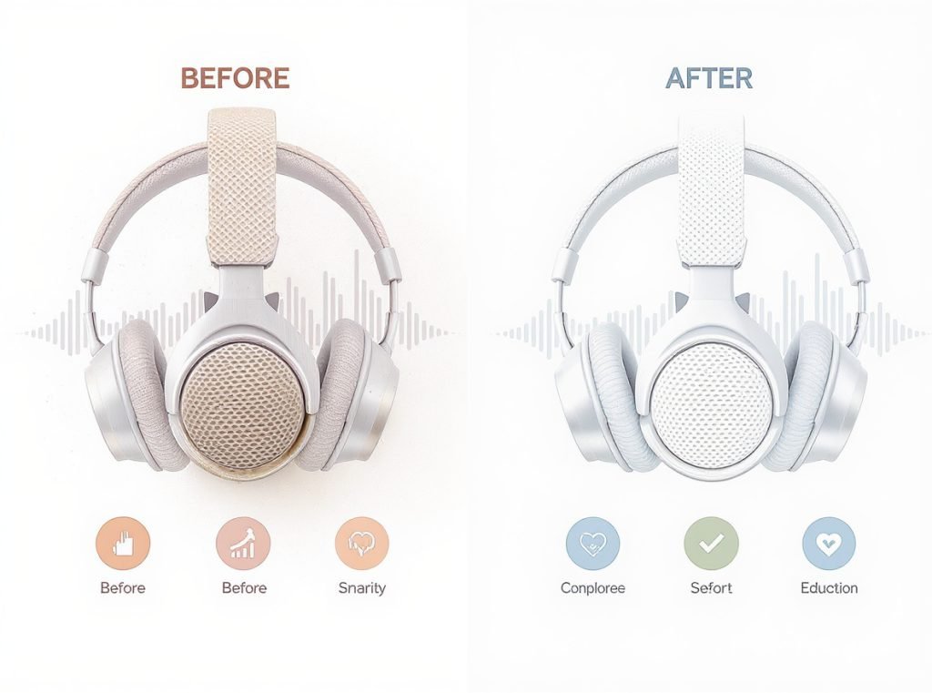 Before and after headphone cleaning showing improved sound quality and health benefits