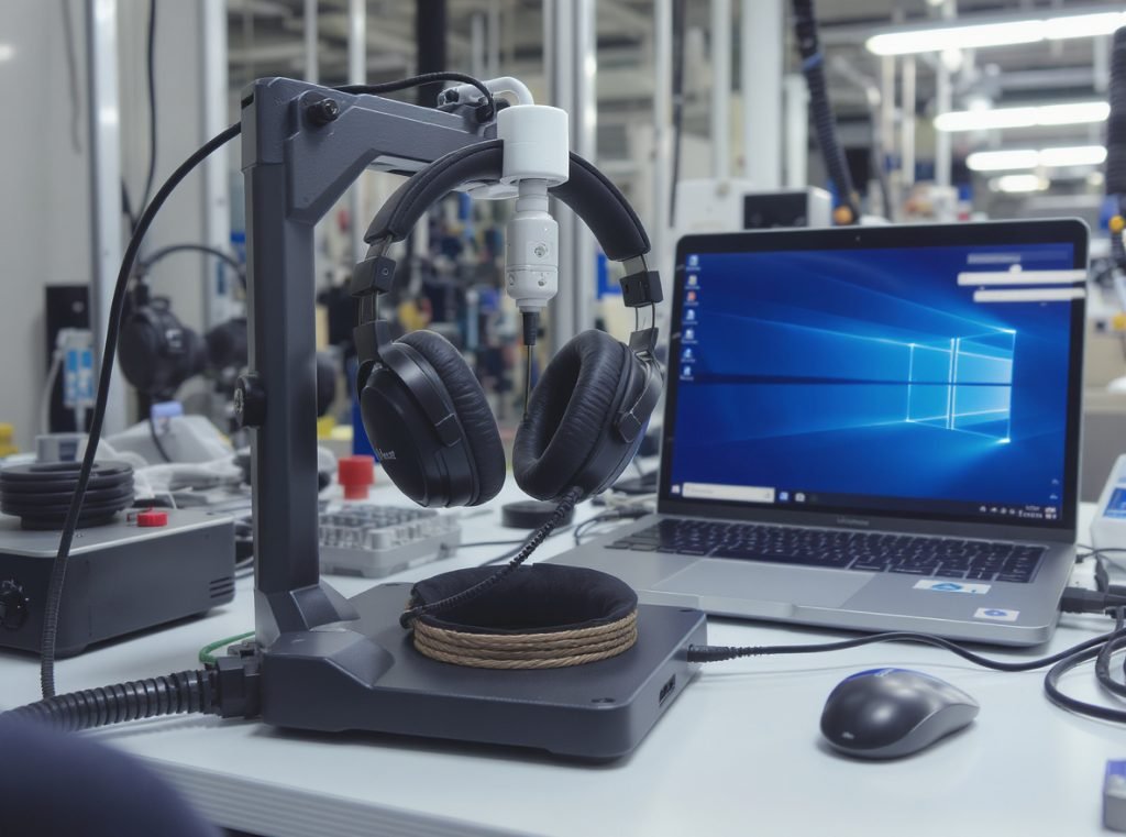 Professional headphone quality control testing laboratory setup