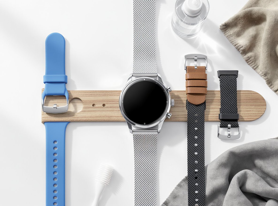 Smartwatch with multiple interchangeable bands and cleaning supplies on white surface