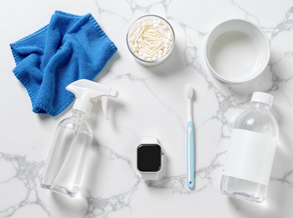 Essential smartwatch cleaning supplies including microfiber cloth, alcohol wipes, and soft brush
