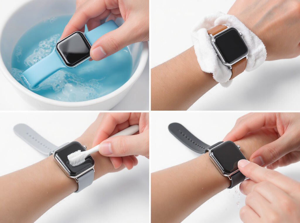 Four different smartwatch band materials being cleaned with proper methods - silicone, leather, metal, and nylon