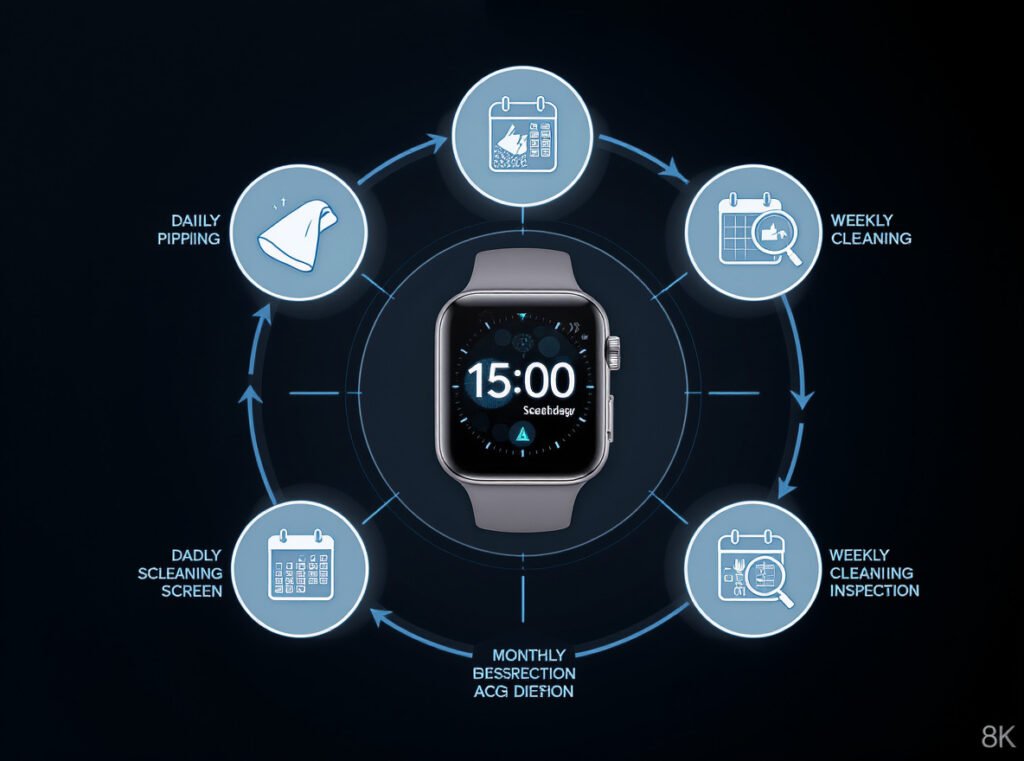 Smartwatch cleaning schedule showing daily, weekly, and monthly maintenance routines