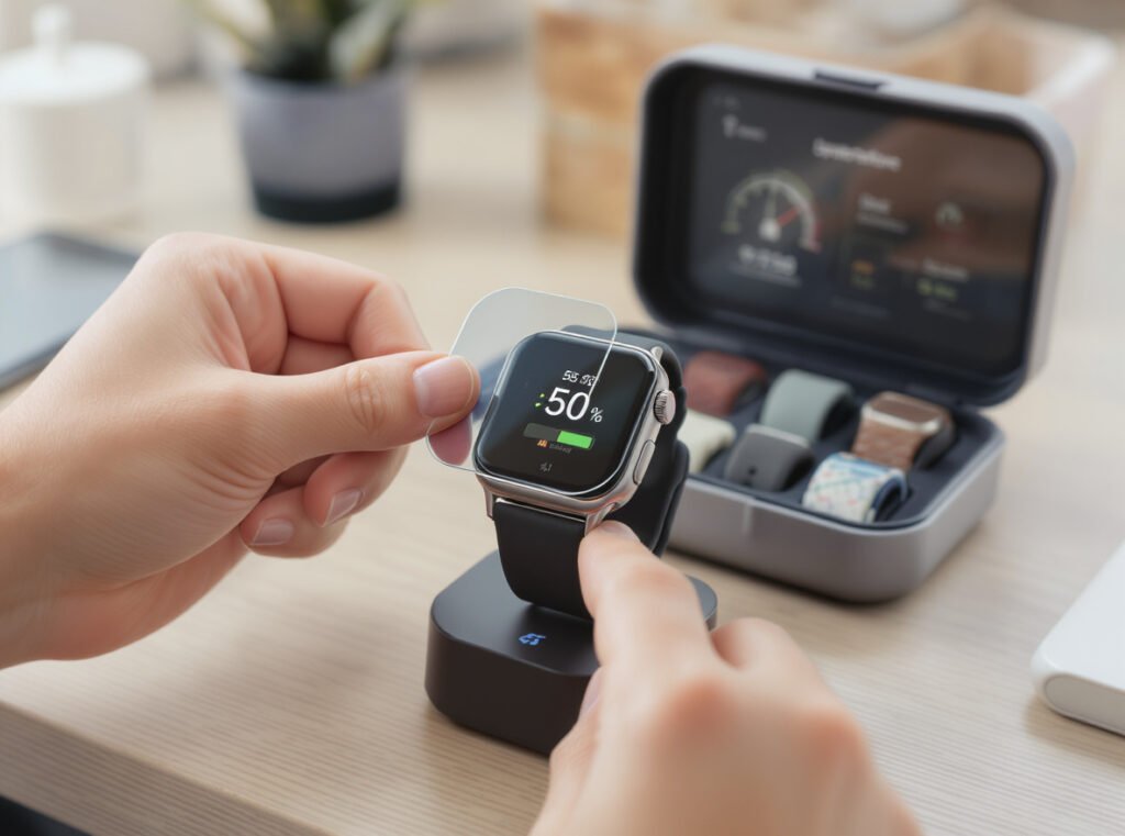 Smartwatch maintenance setup showing proper charging, screen protection, band rotation, and software updates