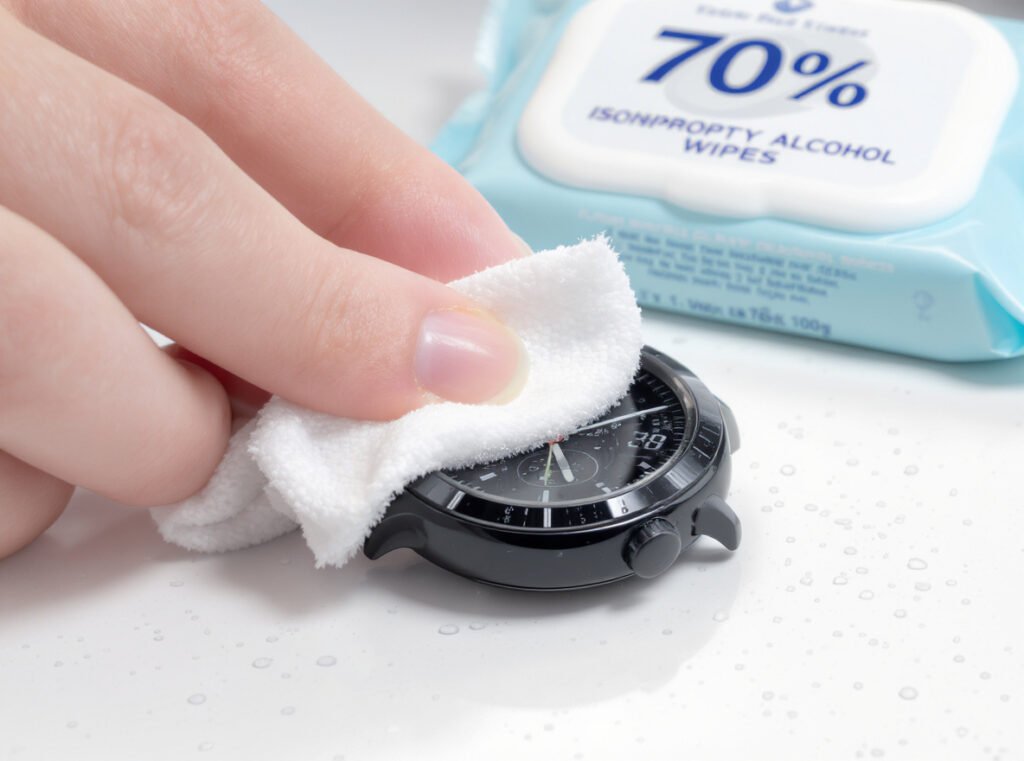 Hand cleaning smartwatch with 70% isopropyl alcohol disinfectant wipe for proper sanitization