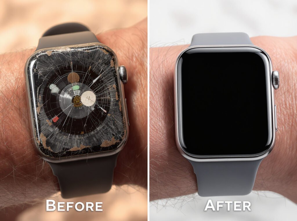 Comparison of damaged smartwatch from improper cleaning versus well-maintained device with proper care